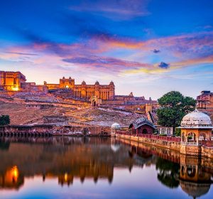 Amber Fort and Maota Lake at sunset, Jaipur, Rajasthan, India